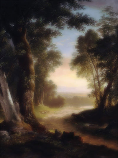 Sunlit forest path with painterly trees and soft golden lighting.