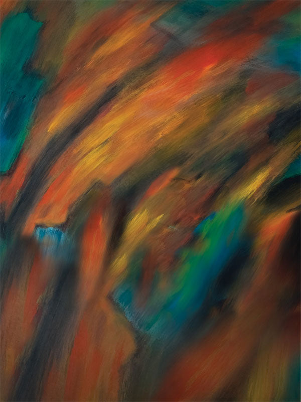 Painterly blend of golden oranges and deep teal creating a grounded, moody backdrop.