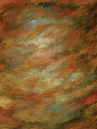 Painterly brushstrokes in warm earth tones create a natural visual texture.