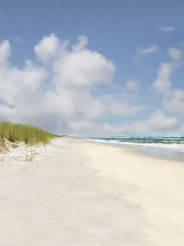 Serene beach scene with white sand, grassy dunes, and a bright blue sky.