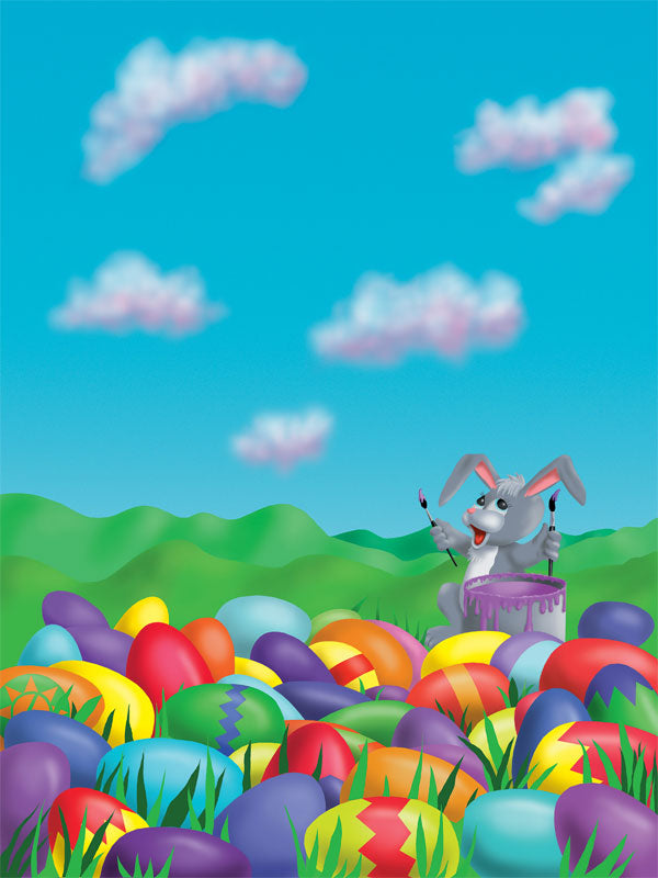 Easter Bunny photography backdrop with colorful eggs, a cheerful bunny, and a bright spring landscape for festive portraits.