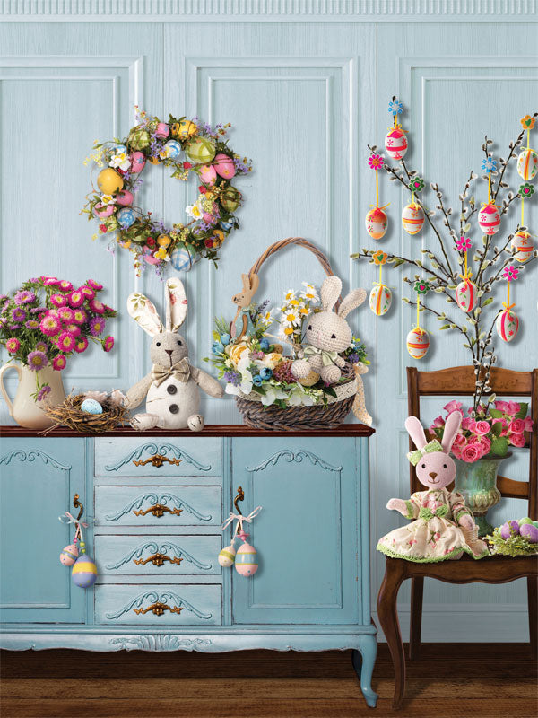 Easter Bunny Wonderland Photography Backdrop - Easter-themed photography backdrop with plush bunnies, vibrant flowers, and festive decorations in a springtime setting.