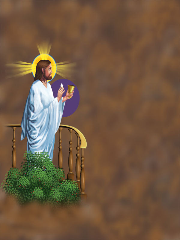 Spiritual Easter religious photography backdrop featuring Jesus with a chalice and communion host, set against warm, earthy tones.