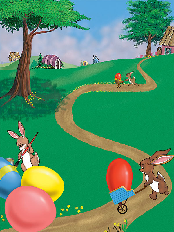 Festive Easter spring photography backdrop featuring colorful eggs, playful bunnies, and a lush countryside path, perfect for seasonal portraits.
