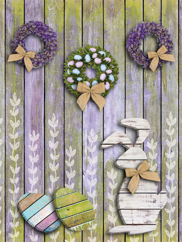 Easter-Themed Photography Backdrop - Easter-themed photography backdrop with wreaths, wooden bunny, and painted eggs, ideal for children's portraits and holiday photoshoots.