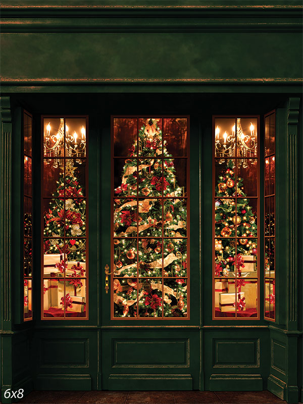 Elegant Christmas Window Display Photography Backdrop - An elegant holiday window display with Christmas trees adorned with gold and red ornaments, perfect for festive photography.