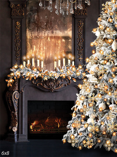 Elegant Fireplace & Christmas Tree Photography Backdrop - Elegant Christmas tree and fireplace photography backdrop with candles, gold and silver decorations, and warm lighting.