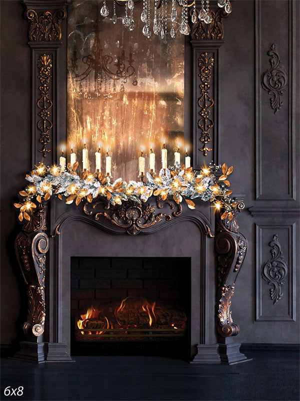 Elegant Holiday Fireplace Photography Backdrop - Photography backdrop featuring an ornate fireplace decorated with garland, candles, and holiday lights for a festive scene.