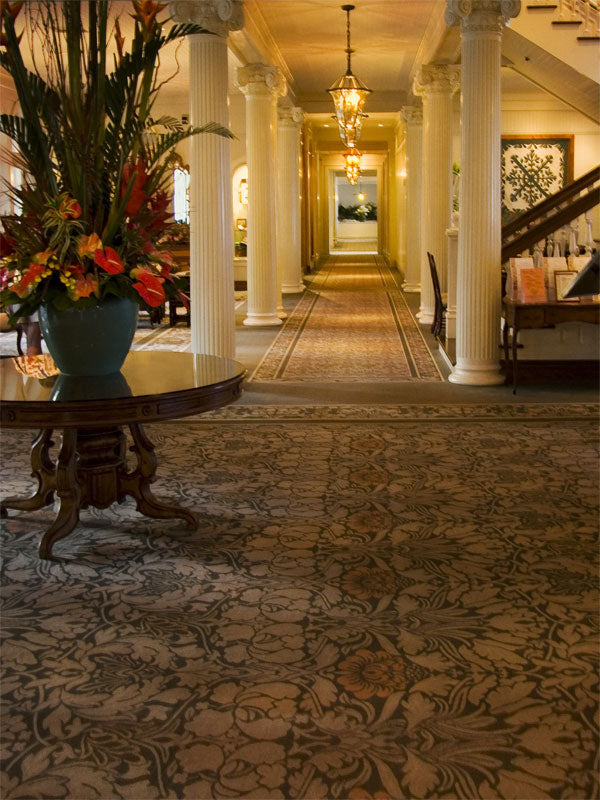 Photography backdrop showcasing a luxurious hallway with white Corinthian columns and ornate carpet.