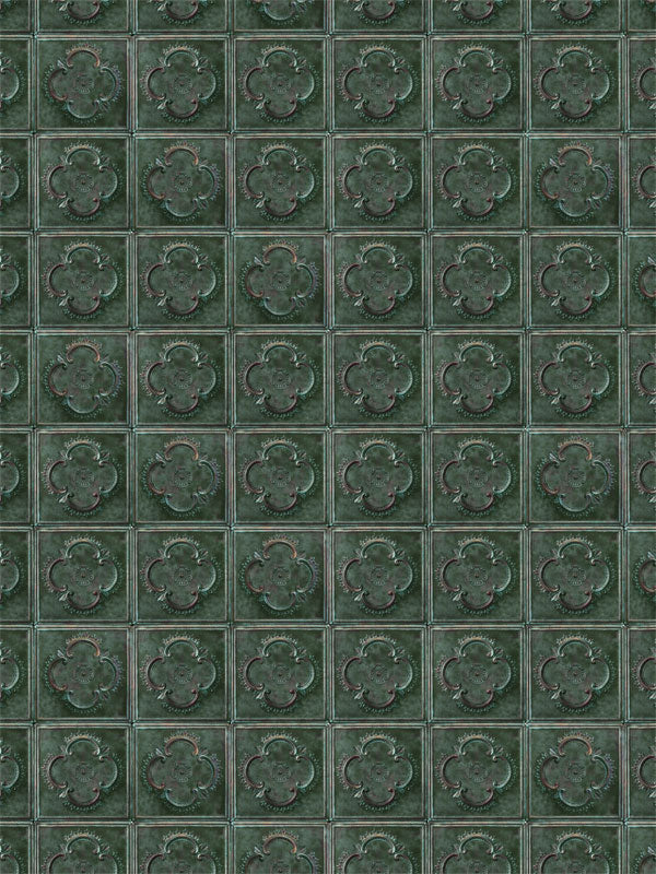 Vintage-style repeating tile pattern in deep green with raised detailing.