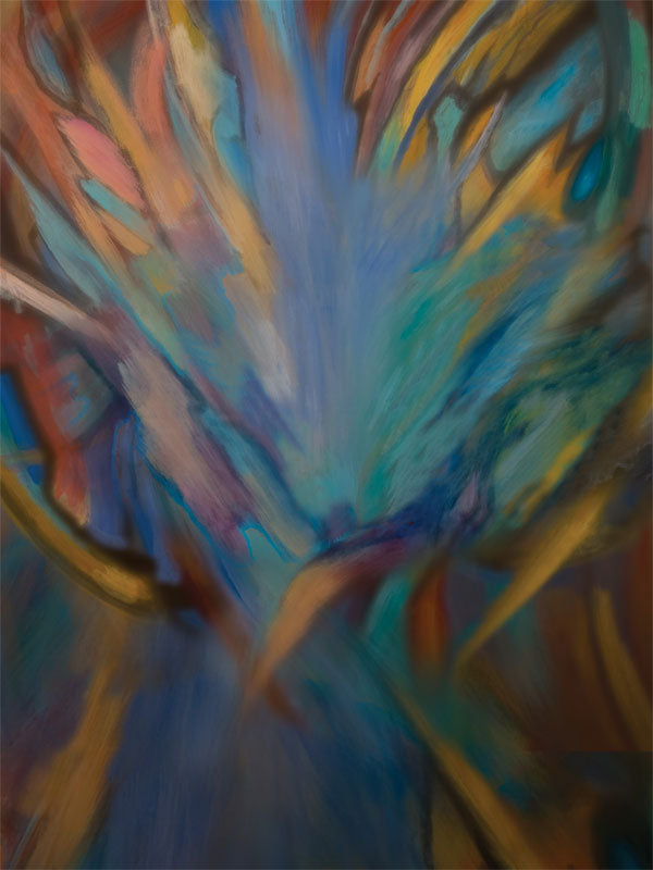 Central explosion of moody blues, golds, and reds in a painterly abstract style.