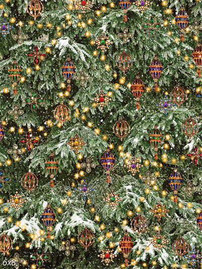 Enchanted Christmas Tree Photography Backdrop - Photography backdrop of a snow-covered Christmas tree adorned with ornaments and twinkling lights.