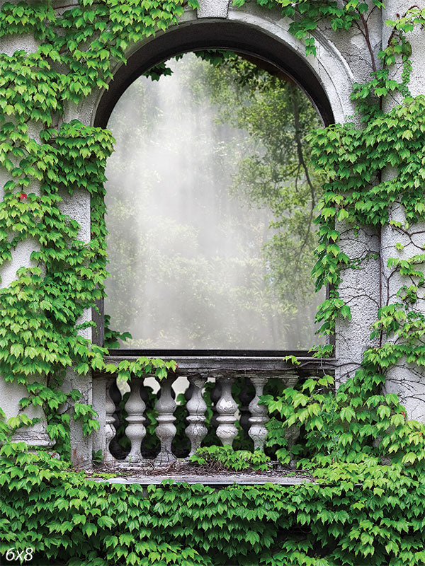 Enchanted Ivy-Covered Archway Photography Backdrop - Enchanted ivy-covered archway photography backdrop with a serene forest view.