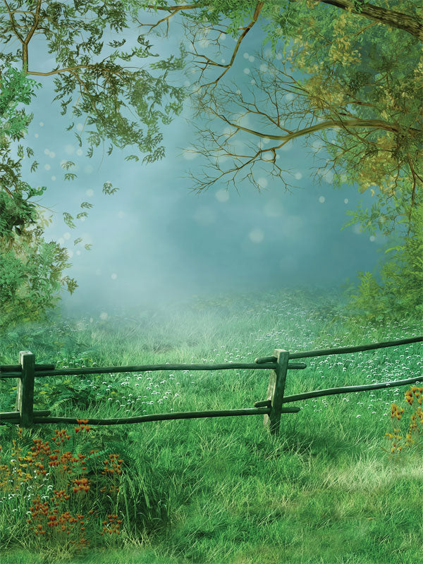 Enchanted Pasture Photography Backdrop - Enchanted pasture photography backdrop with a rustic wooden fence, lush greenery, and soft morning mist for whimsical photoshoots.