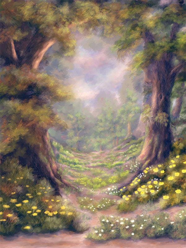 Soft woodland trail surrounded by trees and blooming wildflowers.