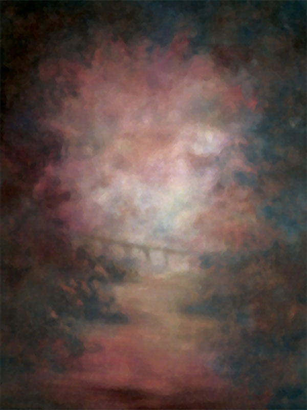 Misty forest path with soft pink and plum hues in an impressionistic style.