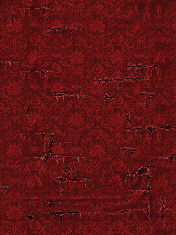 Red damask photography backdrop with a distressed texture, ideal for adding a vintage, classic style to professional photo shoots.