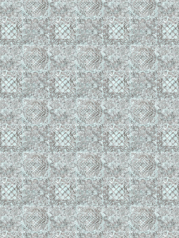 European-inspired photo backdrop with distressed blue tile patterns.