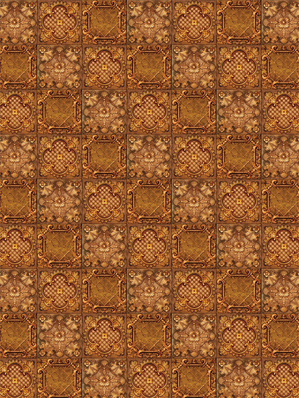 Seamless photography backdrop featuring vintage European tile patterns in gold and bronze tones with ornate floral scrollwork—ideal for portrait, family, and dance photographers.