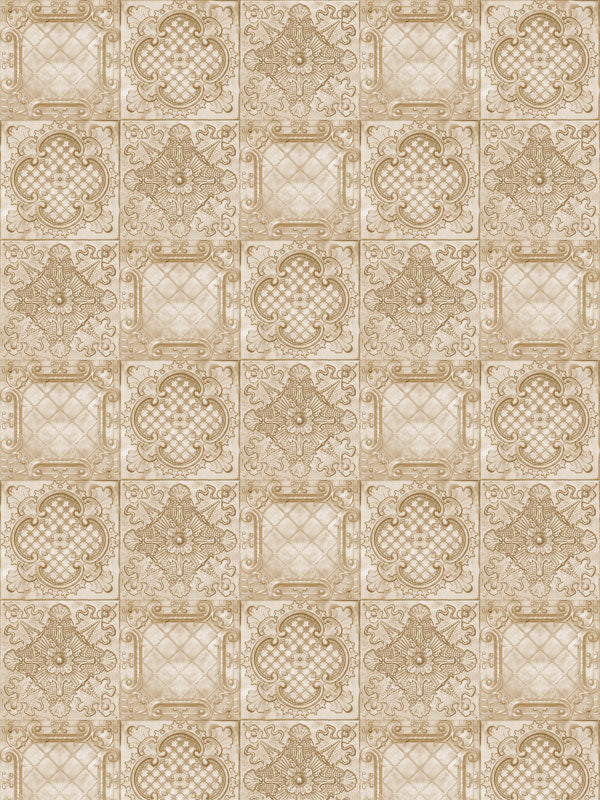 Neutral-toned studio backdrop featuring a seamless European tile pattern with scroll, lattice, and floral accents in warm beige and tan—ideal for portraits, family photography, and timeless senior sessions.