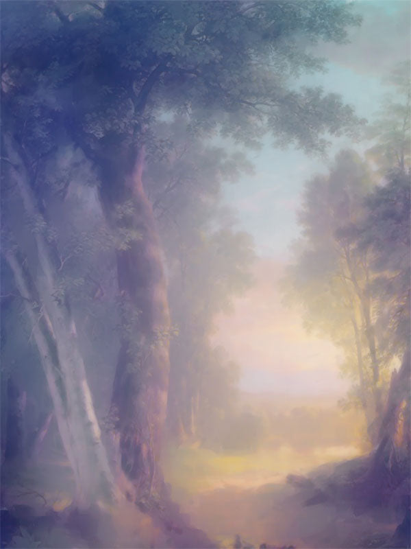 Enchanted forest scene with soft pastel light, tall trees, and a misty path.