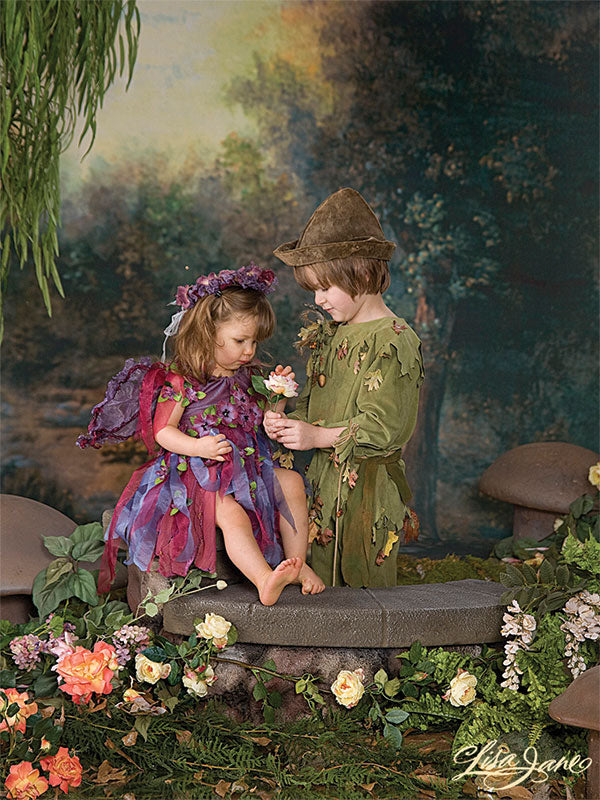 A charming backdrop with lush trees, glowing highlights, and a hidden fairy-tale-like woodland path.