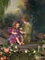 A charming backdrop with lush trees, glowing highlights, and a hidden fairy-tale-like woodland path.