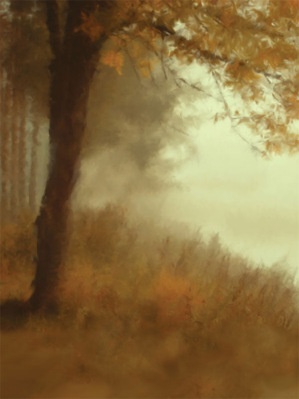 Golden-hued meadow backdrop with tree silhouette and misty fall ambiance.