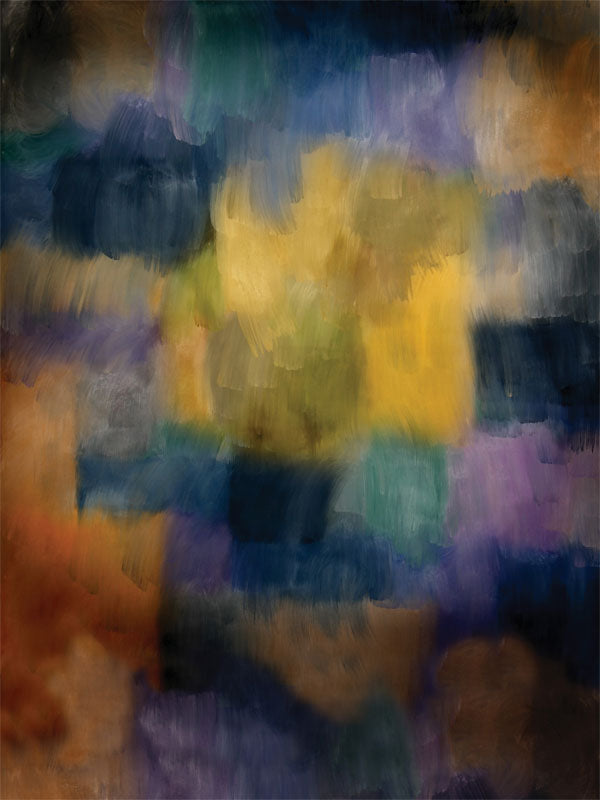 Abstract backdrop with layered brushstrokes in deep blues, greens, and golds.