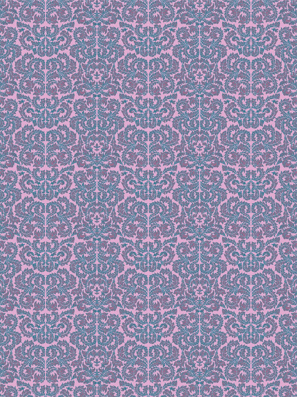 Feminine damask pattern in teal and violet on soft pink background.