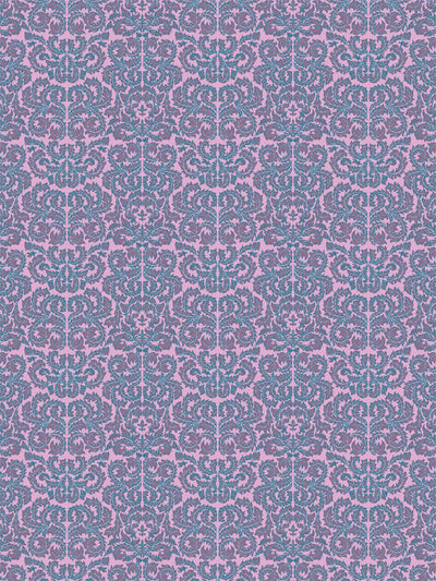 Feminine damask pattern in teal and violet on soft pink background.
