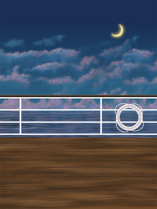 Festival-themed ocean cruise photography backdrop featuring a moonlit deck with calm waters and a crescent moon in the sky.