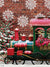 Festive Christmas Train Photography Backdrop - Photography backdrop featuring a festive Christmas train against a brick wall with snowflakes and snow-dusted Christmas trees.