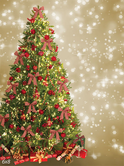 Festive Christmas Tree Photography Backdrop - Photography backdrop featuring a Christmas tree with red and white gingham bows, baubles, and a sparkling, snowy background.