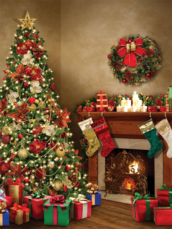 Festive Christmas Tree and Fireplace Photography Backdrop - Festive Christmas tree and fireplace photography backdrop with stockings and presents, perfect for holiday photoshoots.