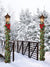 Festive Holiday Bridge Photography Backdrop - Holiday-themed photography backdrop featuring a snow-covered bridge, lampposts with garlands, and a snowy forest background.