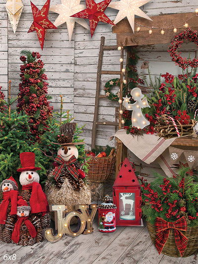 Festive Rustic Christmas Photography Backdrop - A festive rustic Christmas photography backdrop featuring cheerful snowmen, vibrant greenery, and glowing lights against a wooden background.