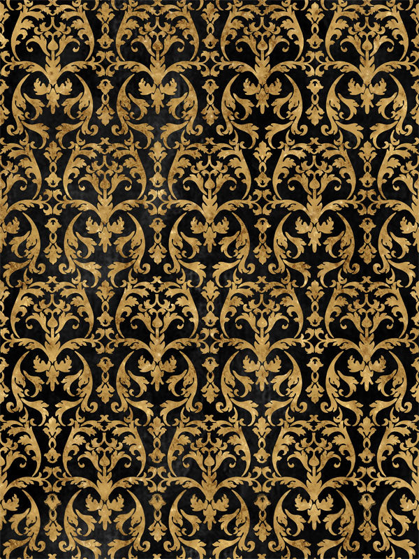 Luxurious black and gold filigree damask backdrop ideal for professional photography sessions, perfect for creating elegant and timeless images.