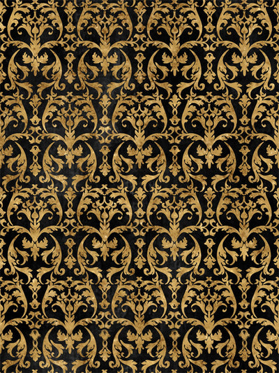 Luxurious black and gold filigree damask backdrop ideal for professional photography sessions, perfect for creating elegant and timeless images.