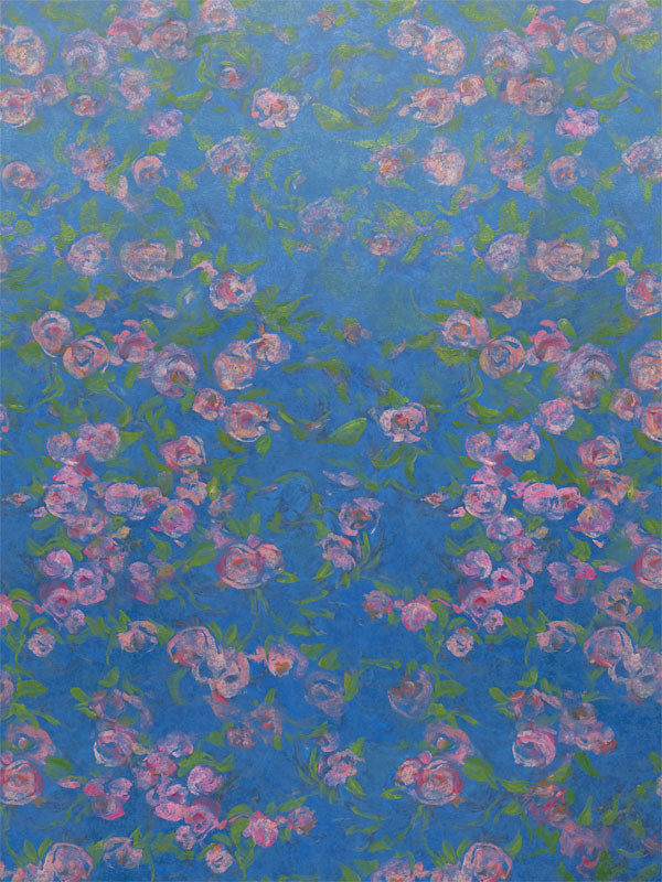 Floral Dream Photography Backdrop - Hand-painted floral photography backdrop with pink roses on a vibrant blue background, perfect for children's photoshoots and spring-themed portraits.