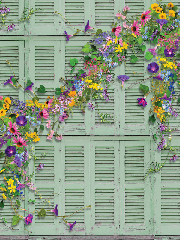 Floral Garden Window Shutter Photography Backdrop - Vibrant floral garden window shutter photography backdrop with pastel green shutters and colorful flowers.