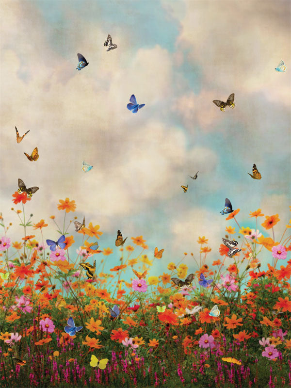 Floral Meadow and Butterflies Photography Backdrop - A vibrant floral meadow photography backdrop featuring butterflies and wildflowers under a soft, cloud-filled sky.