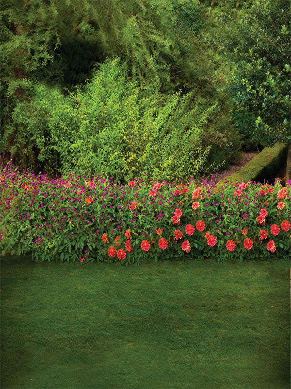 Colorful garden backdrop with vivid flower hedge and lush greenery.