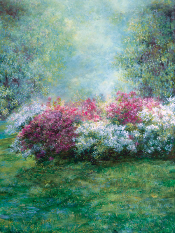 A dreamy floral photography backdrop featuring vibrant pink and white blossoms, lush greenery, and soft light for elegant nature-inspired portraits.