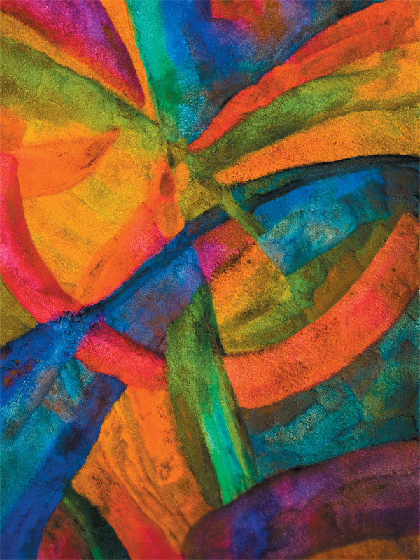Bold abstract swirl of textured color blocks in orange, green, and blue.