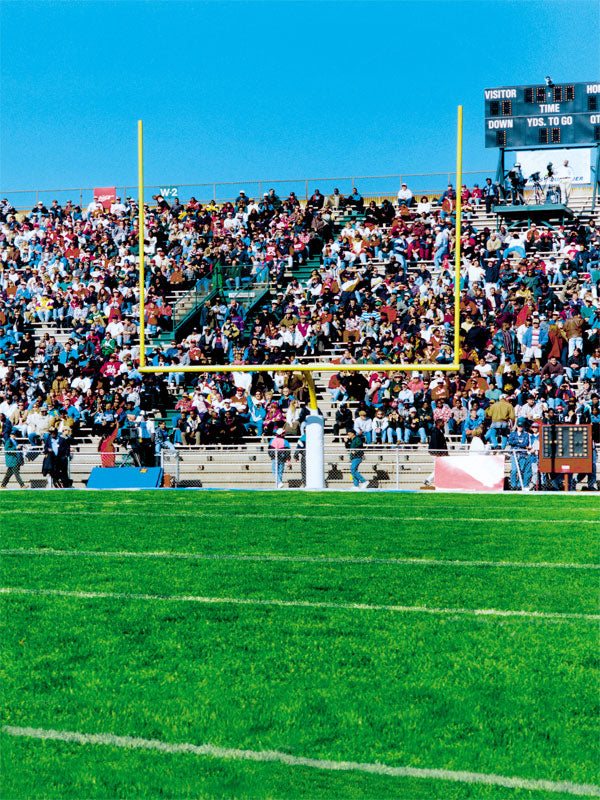 Football stadium backdrop featuring goalposts, vibrant green field, and a packed crowd, perfect for professional sports-themed photography.