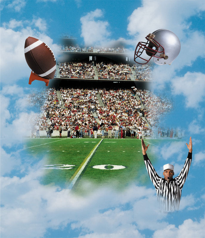 A vibrant football photography backdrop featuring a stadium, floating football, referee, and a blue sky with clouds, ideal for sports-themed portraits and events.
