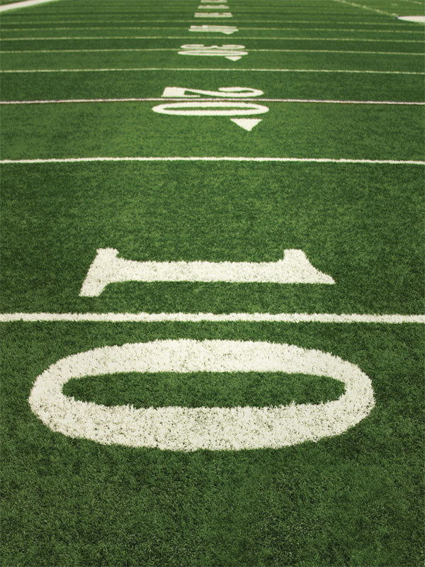 Green turf with crisp 10-yard line in focus, styled like a real football field.