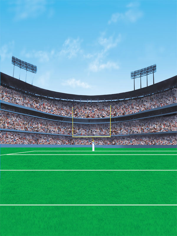 Stadium field with green turf, blue sky, and centered goalposts packed with fans.