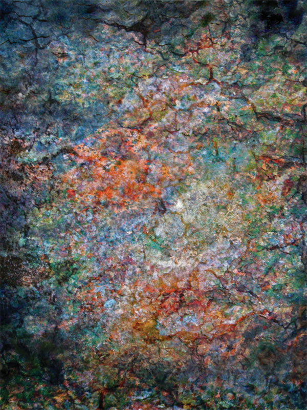 Abstract backdrop with natural mottled texture in deep greens, rust, and forest blues.